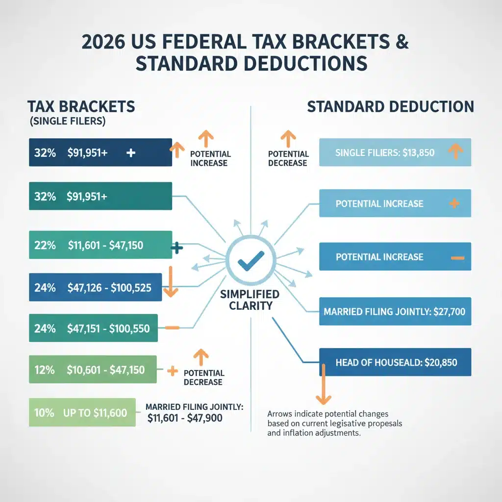Infographic showing updated 2026 tax brackets and standard deduction changes.