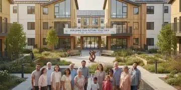 Diverse community in front of modern affordable housing units