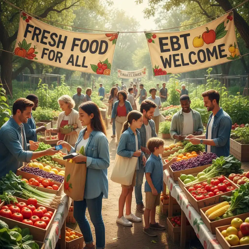 People using EBT cards at a farmers market for fresh produce