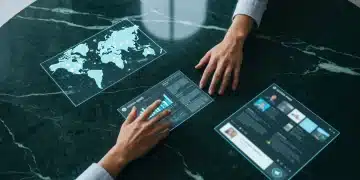 An overhead shot of hands navigating multiple holographic news feeds projected onto a reflective dark green marble table, illustrating the constant stream of global information.