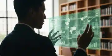 Person sorting through a complex digital interface displaying fragmented news, financial charts, and educational icons in a library setting, symbolizing information filtering.