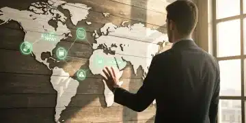 A person viewing an interconnected world map with glowing green infographics representing news, education, finance, and benefits, symbolizing their interdependence.