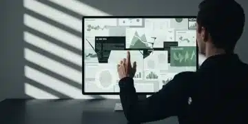 Person engages with a large, fragmented digital news screen displaying personalized content, illustrating the shift to digital news consumption.