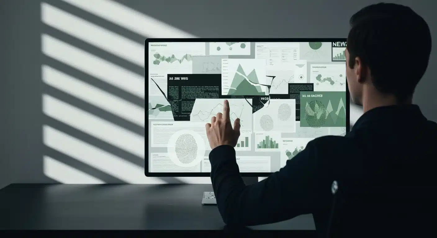Person engages with a large, fragmented digital news screen displaying personalized content, illustrating the shift to digital news consumption.
