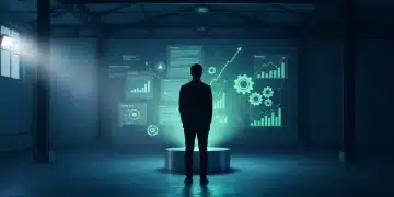 A person stands silhouetted against a large holographic projection showing intertwined concepts of news, education, finance, and benefits in a dark, open industrial space.