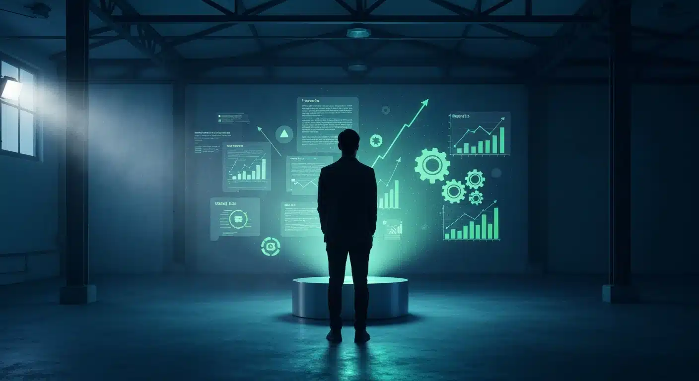 A person stands silhouetted against a large holographic projection showing intertwined concepts of news, education, finance, and benefits in a dark, open industrial space.