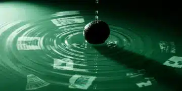A dark stone creating radiating ripples in a deep green pool, reflecting fragmented images of cityscapes and educational graphs, under dramatic directional lighting, symbolizing news impact.