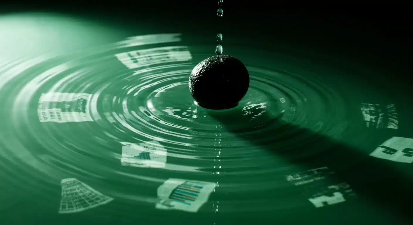 A dark stone creating radiating ripples in a deep green pool, reflecting fragmented images of cityscapes and educational graphs, under dramatic directional lighting, symbolizing news impact.