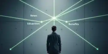 Mastering the Modern Landscape: A Unified Approach to News, Education, Finances, and Benefits A person viewed from behind in front of a minimalist wall, where four glowing lines representing news, education, finances, and benefits converge, symbolizing interconnected life pillars.