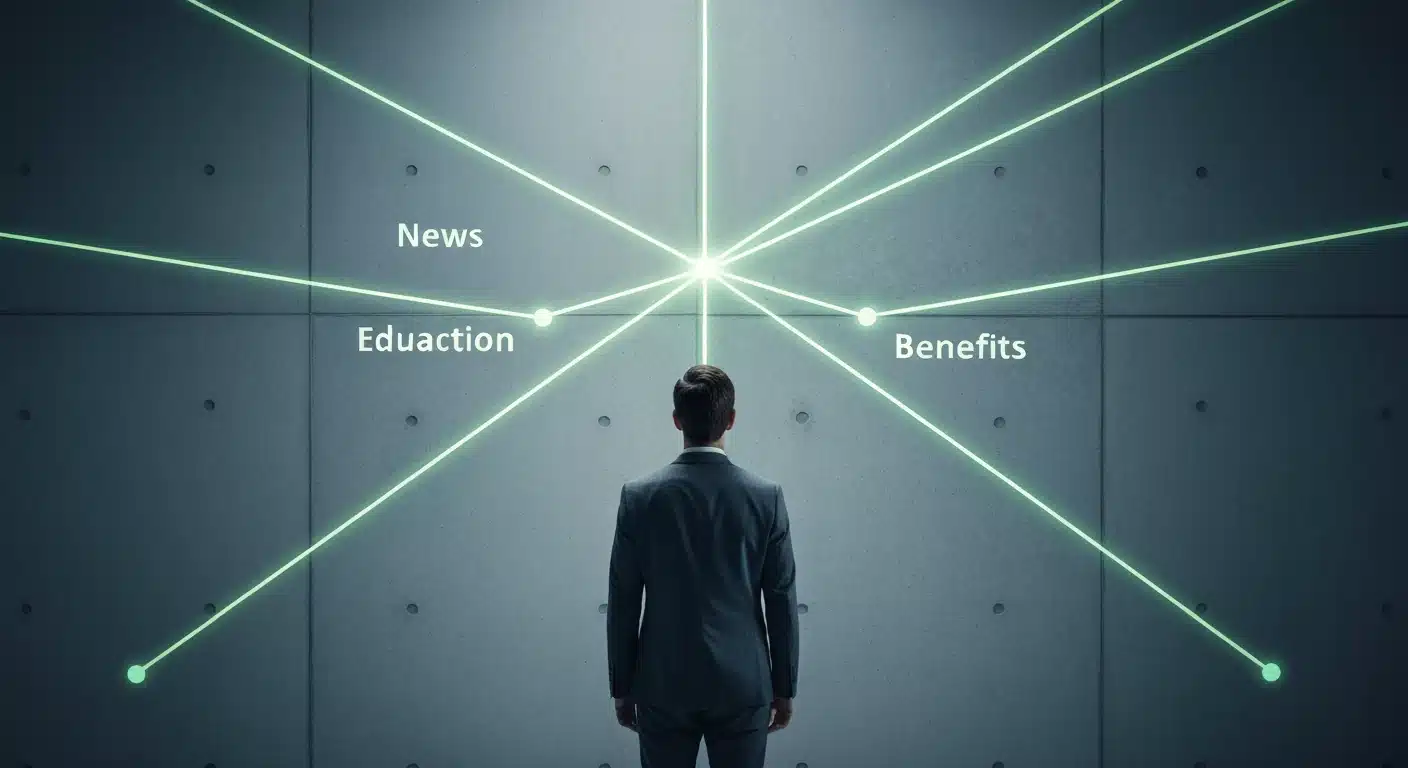 A person viewed from behind in front of a minimalist wall, where four glowing lines representing news, education, finances, and benefits converge, symbolizing interconnected life pillars.