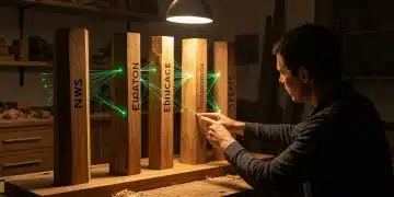A person, viewed from behind, intently studying a handcrafted wooden sculpture symbolizing the interwoven nature of current events, learning, money management, and support systems, illuminated by a warm industrial lamp.