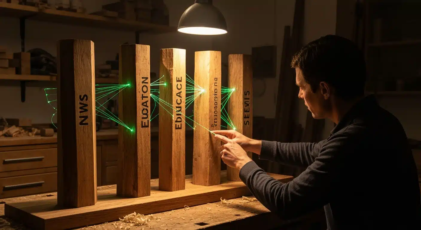 A person, viewed from behind, intently studying a handcrafted wooden sculpture symbolizing the interwoven nature of current events, learning, money management, and support systems, illuminated by a warm industrial lamp.