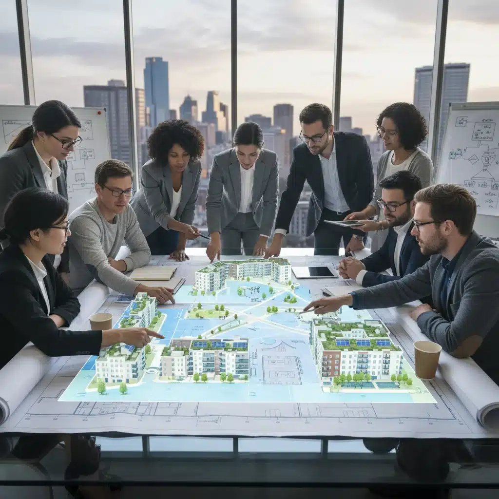 Urban planners discussing sustainable affordable housing development blueprints