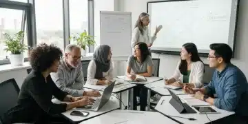 Adults learning in a classroom, focused on skill development and workforce retraining.