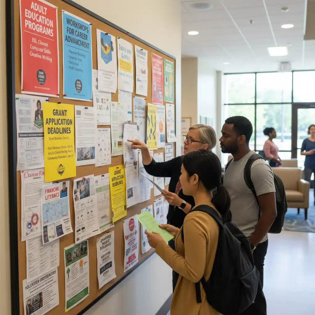 Community bulletin board with adult education program flyers and grant information.