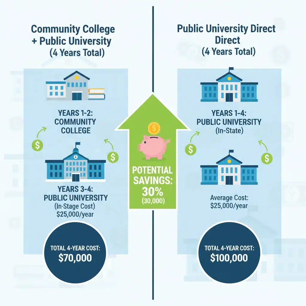 Infographic comparing community college and university costs, highlighting significant savings.