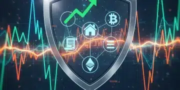 Diverse investment portfolio protected by a shield amidst volatile market graphs
