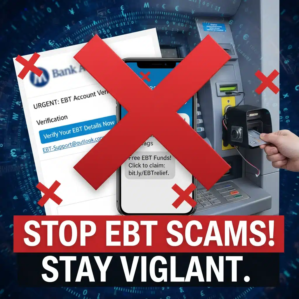 Diagram showing various EBT scam tactics and fraud prevention.
