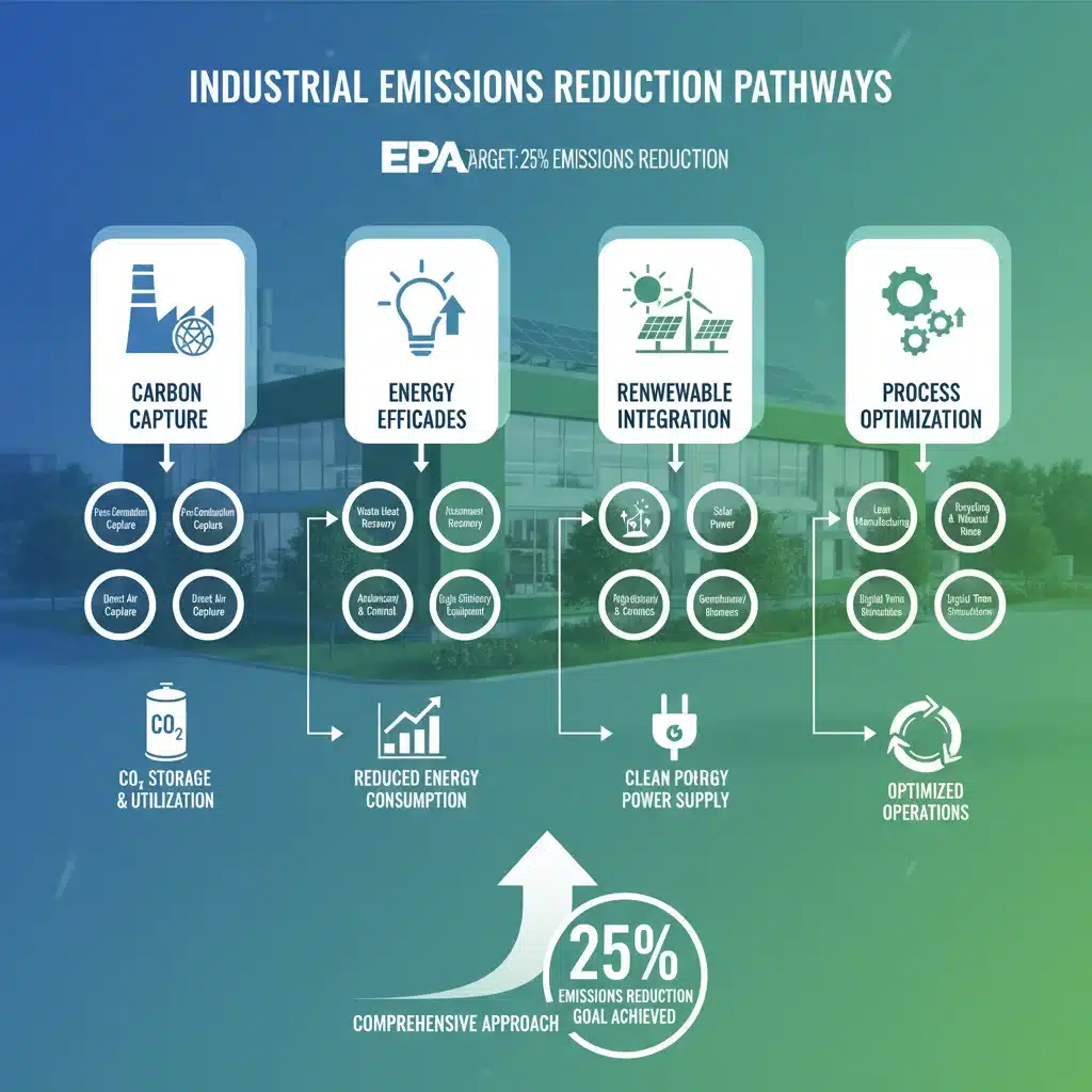 Infographic detailing technological solutions for industrial emissions reduction, including carbon capture and renewable energy.