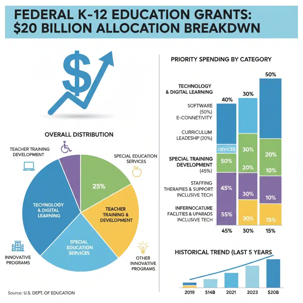 Infographic detailing the allocation of billion federal grants for K-12 education across various priority areas.
