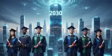 Graduates looking towards a futuristic city, symbolizing future job market skills