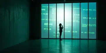 Person in a dark urban loft, with fragmented green news headlines and stock tickers projected on a frosted window, illustrating the impact of global events on personal finance and education.