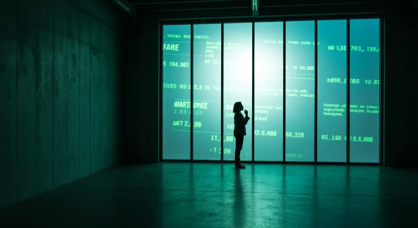 Person in a dark urban loft, with fragmented green news headlines and stock tickers projected on a frosted window, illustrating the impact of global events on personal finance and education.