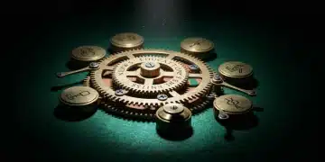 An antique brass and wood clockwork mechanism with gears labeled 'News,' 'Education,' 'Finances,' and 'Benefits,' illuminated by a dramatic, single beam of light on a dark green felt surface.