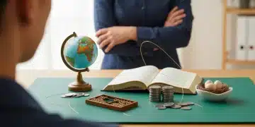 A person observing a tabletop arrangement symbolizing interconnectedness: a globe for news, a textbook for education, coins and an abacus for finances, and a bird's nest for benefits, all linked by brass threads on a green surface.