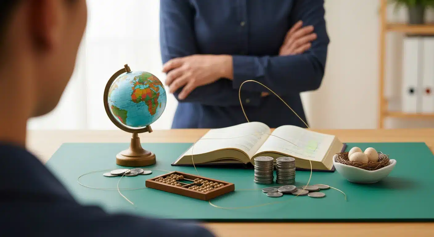 A person observing a tabletop arrangement symbolizing interconnectedness: a globe for news, a textbook for education, coins and an abacus for finances, and a bird's nest for benefits, all linked by brass threads on a green surface.