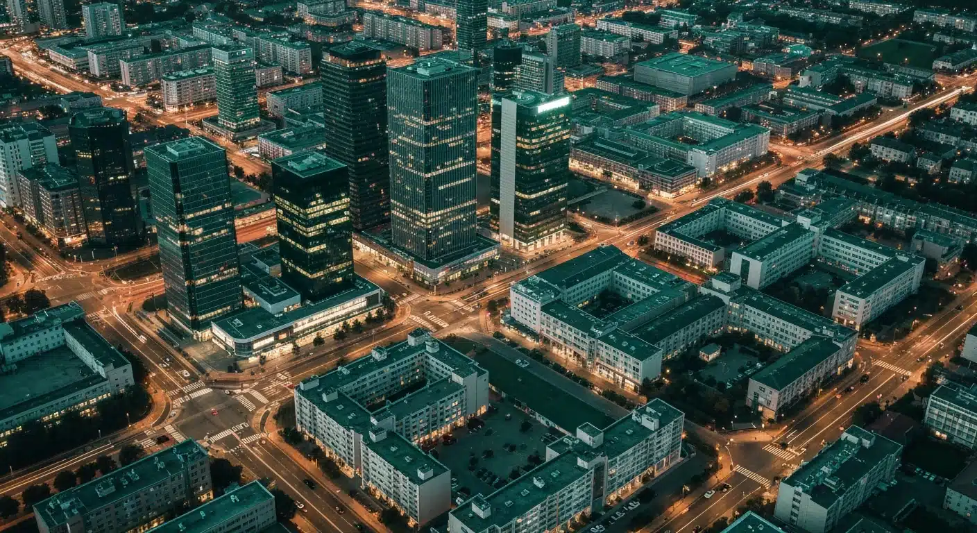 Aerial view of a city at dusk, showing interconnected financial, educational, and residential districts with green glowing lines representing data flow for informed decision-making.