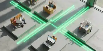 Aerial view of a tabletop scene with glowing green lines connecting miniature dioramas representing news, education, finances, and benefits, symbolizing holistic personal growth.