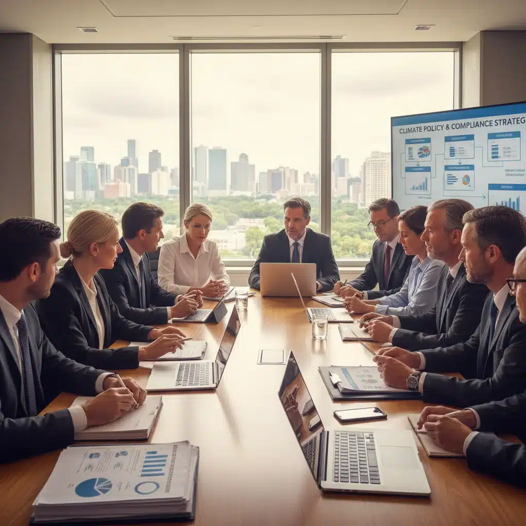 Industry leaders and policymakers collaborating on climate policy and emissions reduction strategies in a modern conference room.