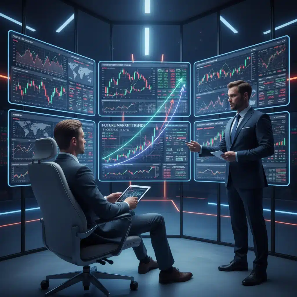 Investor and financial advisor analyzing market data for adaptive strategies