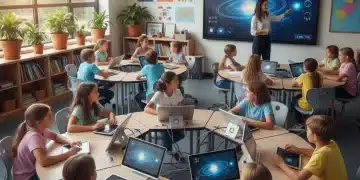 K-12 students engaged in modern classroom learning with technology, representing education reform and federal funding impact.