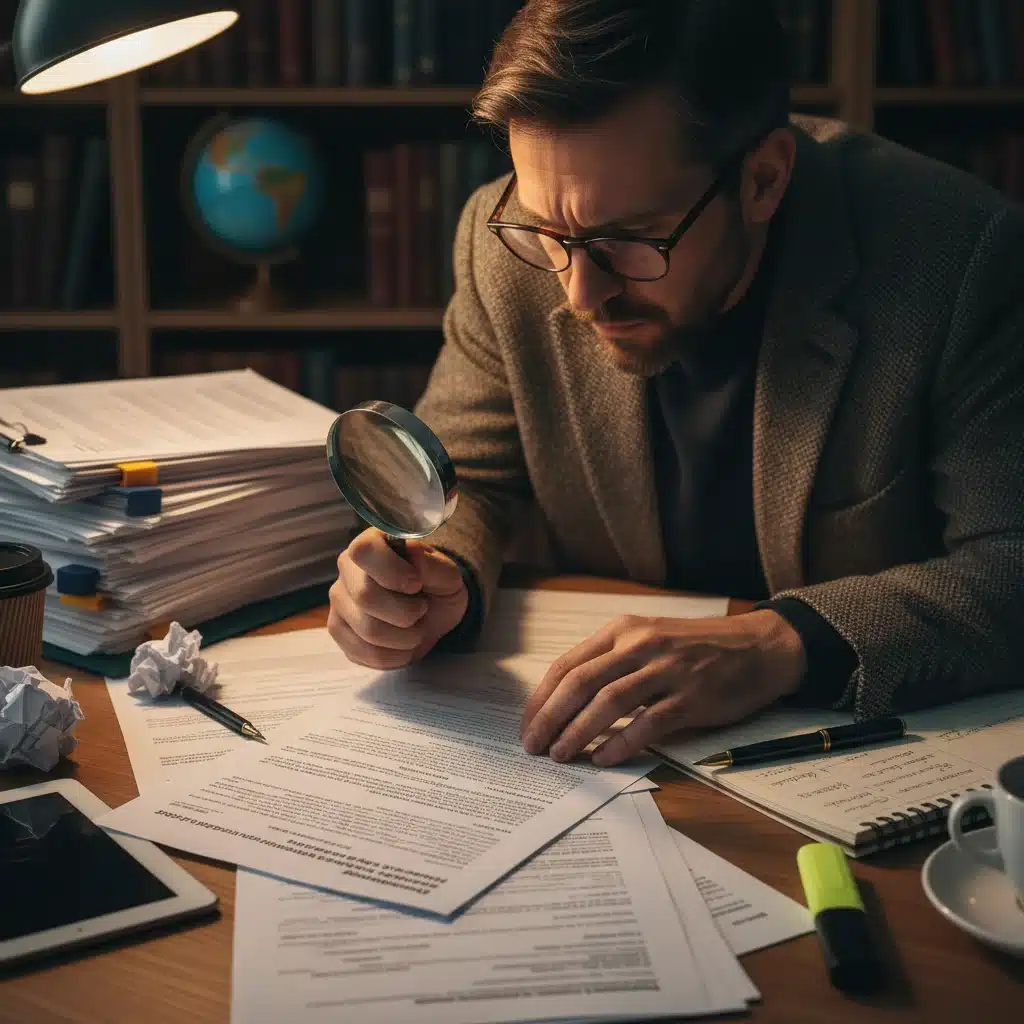 Individual meticulously reviewing complex government policy documents and forms regarding unemployment benefits.