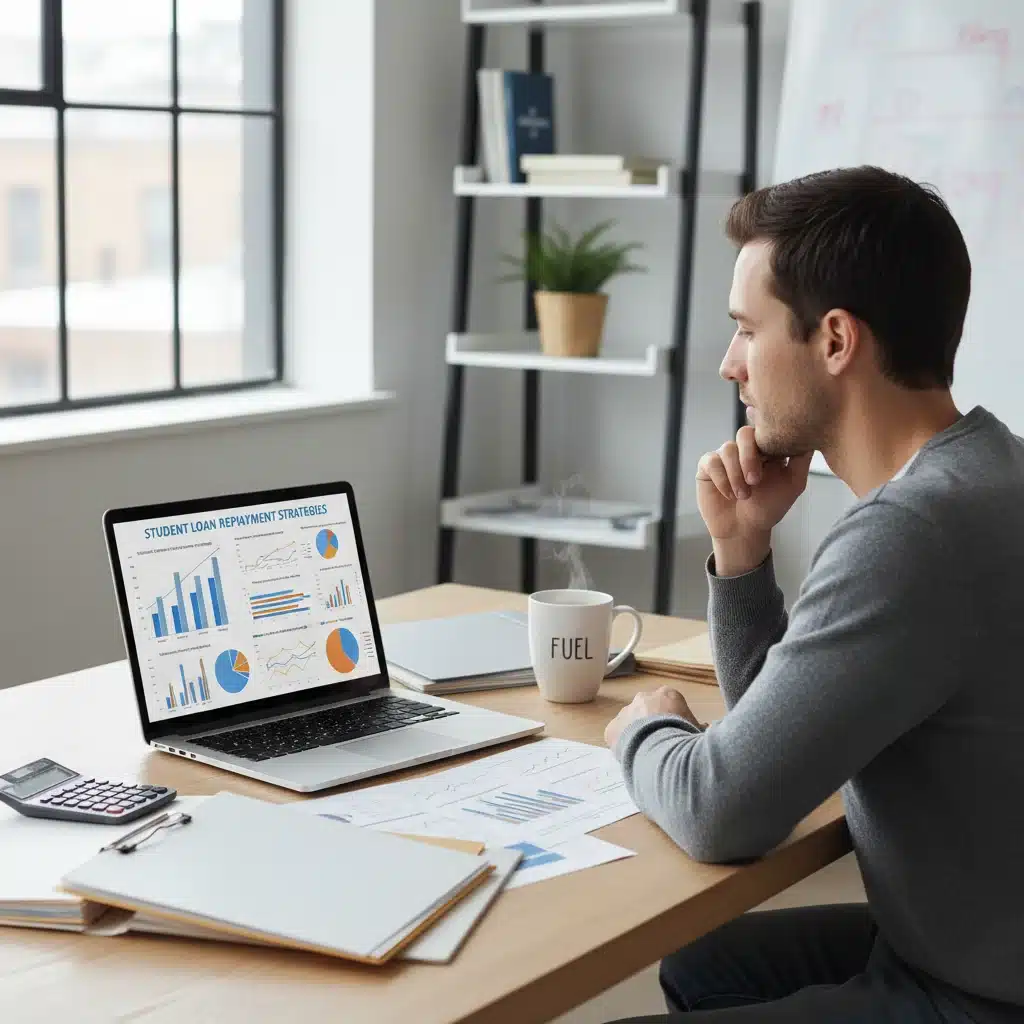 Student analyzing loan repayment plans on laptop