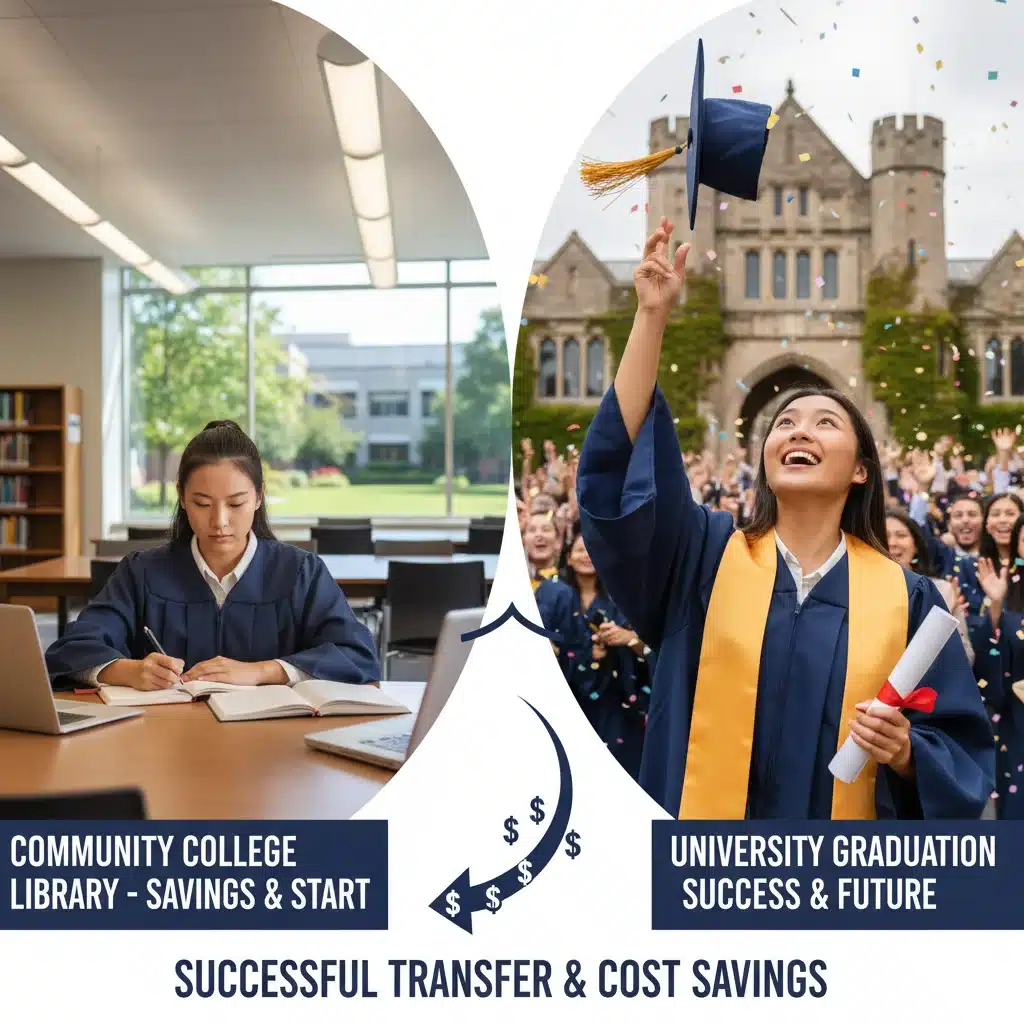Student successfully transferring from community college to university, showcasing cost savings.