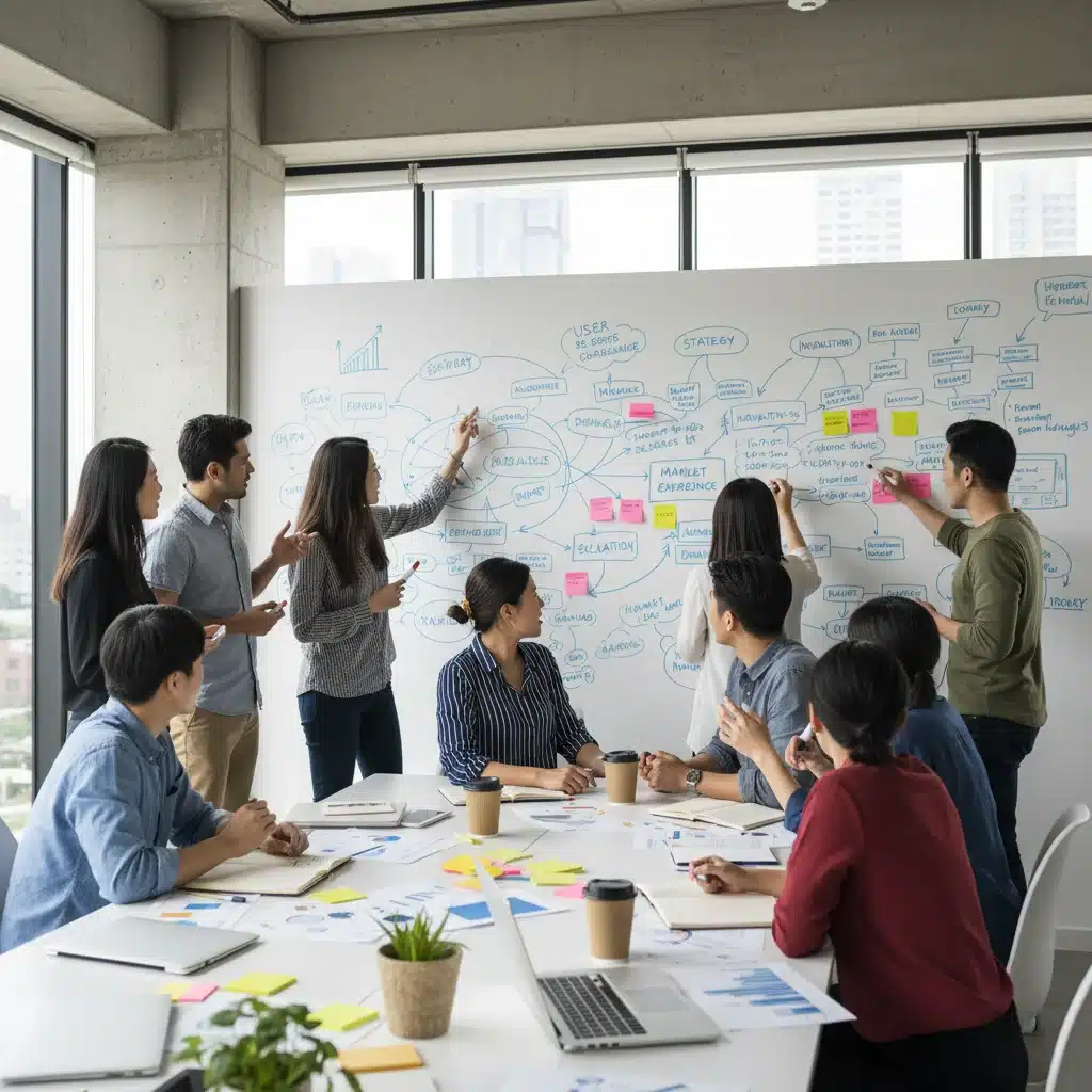 Diverse team brainstorming with a whiteboard, demonstrating critical thinking