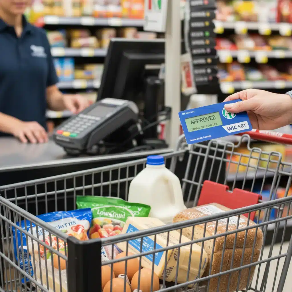 WIC EBT card at checkout with healthy groceries.