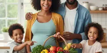 Happy family with fresh produce, representing WIC benefits for maternal and child nutrition.