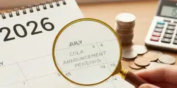 Calendar 2026 with magnifying glass, coins, and calculator for Social Security COLA planning
