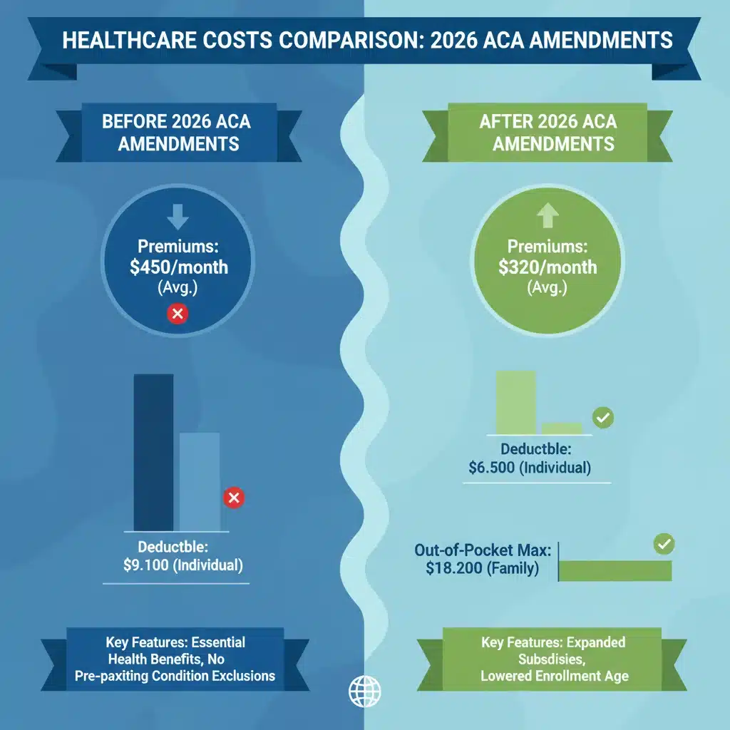 Infographic comparing healthcare costs before and after 2026 ACA amendments.