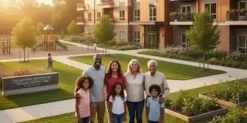 Happy family in front of modern affordable housing complex, symbolizing successful housing assistance