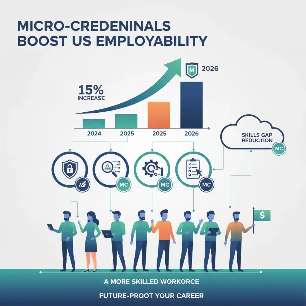 Infographic showing 15% increase in US employability by 2026 driven by micro-credentials.