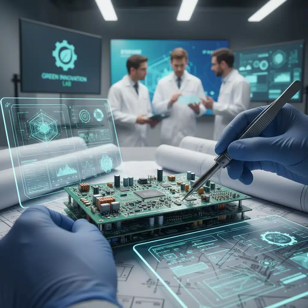 Engineers developing innovative green technology solutions
