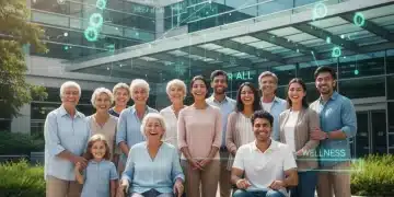 Diverse group of people in front of a modern hospital, symbolizing accessible healthcare.