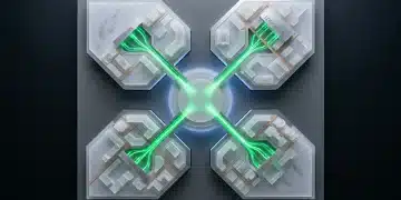 Aerial view of an interconnected architectural model representing news, education, finances, and benefits, linked by glowing green light streams, symbolizing a holistic approach to future resilience.