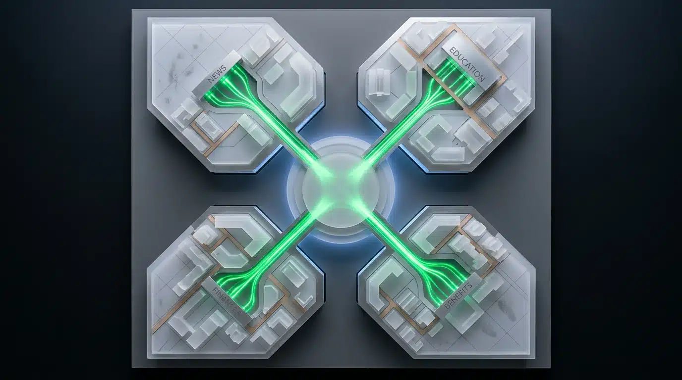 Aerial view of an interconnected architectural model representing news, education, finances, and benefits, linked by glowing green light streams, symbolizing a holistic approach to future resilience.