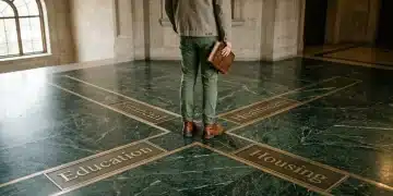 Person standing at a crossroads of glowing pathways labeled Financial, Healthcare, Education, and Housing, holding a journal, with soft natural light.